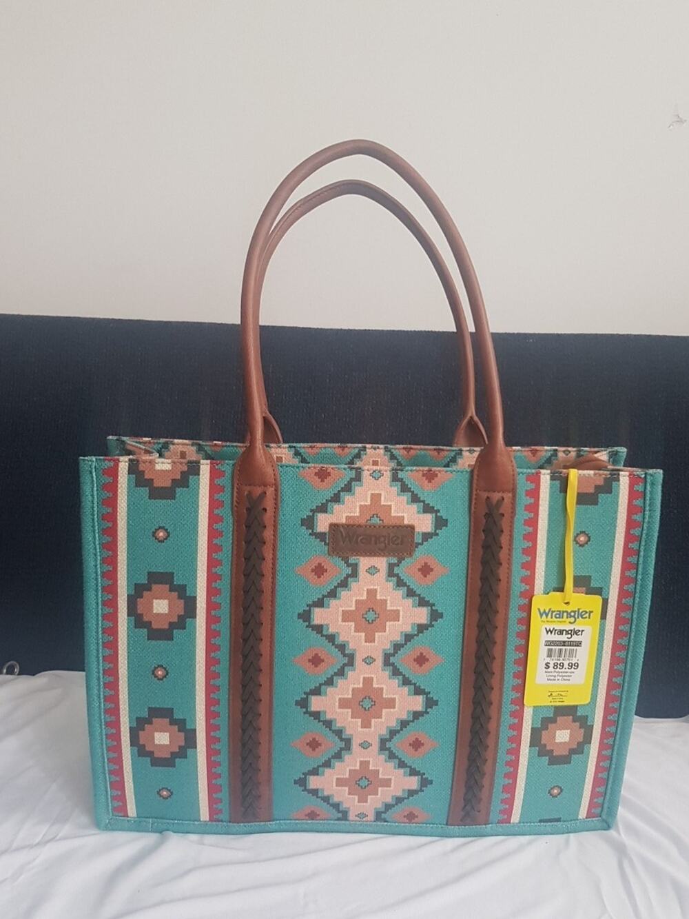 Wrangler Ladies Southwestern Dual Sided Dark Turquoise Wide Tote Bag WG2203-8119